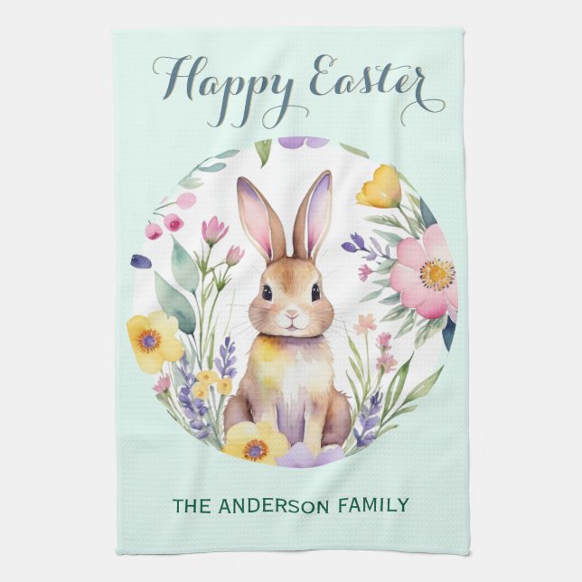 Happy Easter Watercolor Bunny Custom Name Tea Towel (Vertical)