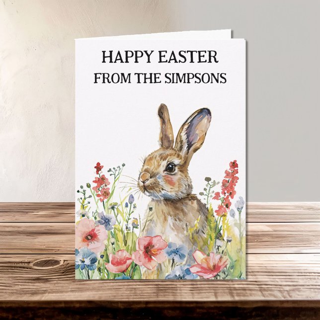 Happy Easter Watercolor Bunny in Flowers Family Card (Creator Uploaded)