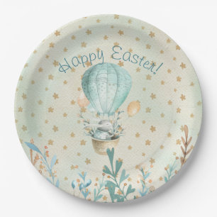Happy Easter! Watercolor Bunny in Hot Air Balloon Paper Plate