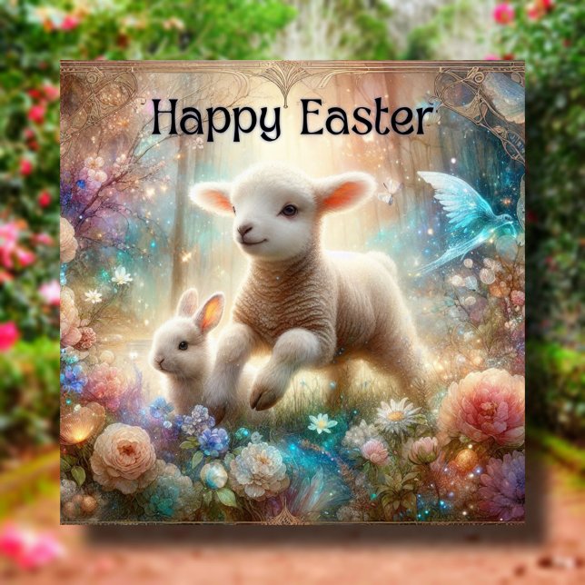 Happy Easter Watercolor Bunny Lamb Christian  Holiday Card (Creator Uploaded)