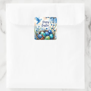 Happy Easter Watercolor Bunny Nest Card Square Sticker