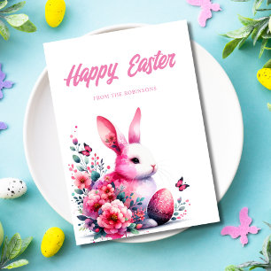 Happy Easter Watercolor Bunny Pink Holiday Card