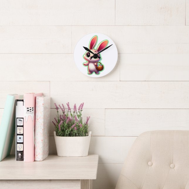 Happy Easter Watercolor Bunny Round Clock (Reading Room)