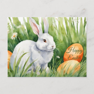 Happy Easter Watercolor Bunny with Easter Eggs  Holiday Postcard