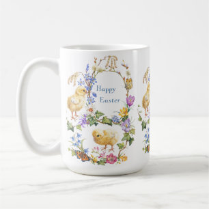 Happy Easter Watercolor Chicks Floral Wreath Coffee Mug
