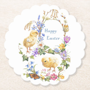 Happy Easter Watercolor Chicks Floral Wreath Paper Coaster