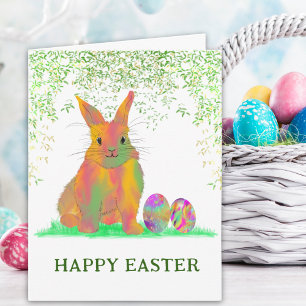 Happy Easter Watercolor Cute Bunny and Eggs Holiday Card