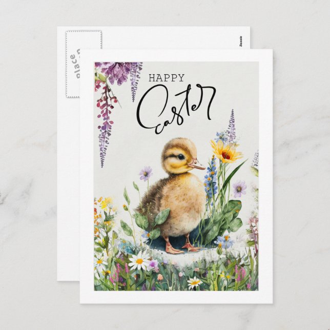 Happy Easter. Watercolor Cute Duckling Holiday Postcard (Front/Back)
