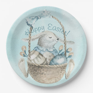 Happy Easter! Watercolor Easter Bunny Egg Basket Paper Plate