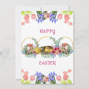 Happy Easter Watercolor Egg Chick Lilac Rose Tulip Holiday Card