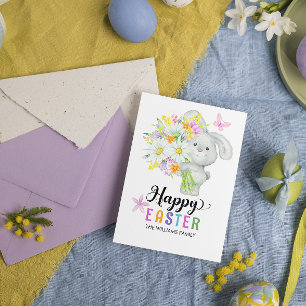 Happy Easter Watercolor Floral Cute Rabbit Card