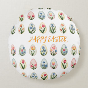 Happy Easter Watercolor Floral Eggs Round Cushion