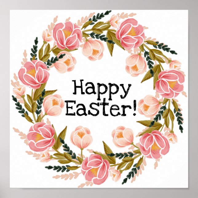 Happy easter watercolor floral wreath poster (Front)