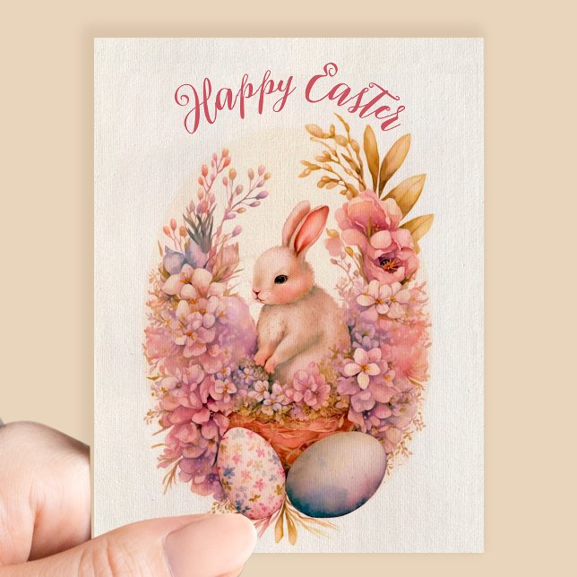 Happy Easter watercolor flower bunny eggs greeting Postcard (Creator Uploaded)