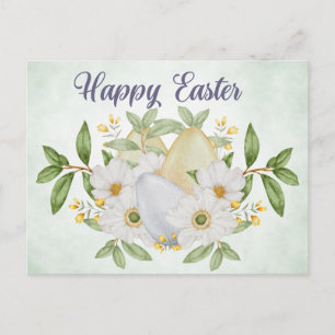 Happy Easter Watercolor Flowers and Easter Eggs Holiday Postcard