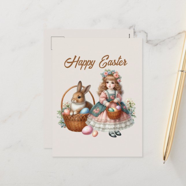 Happy Easter watercolor girl add message Holiday  Postcard (Front/Back In Situ)