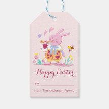 Happy Easter Watercolor Pink Bunny in Garden