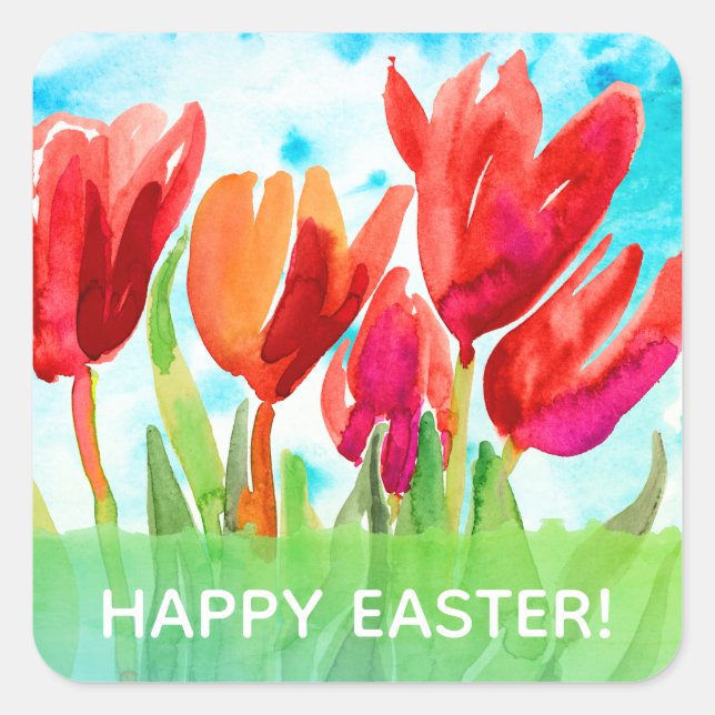 Happy Easter Watercolor Red Tulips Square Stickers (Front)