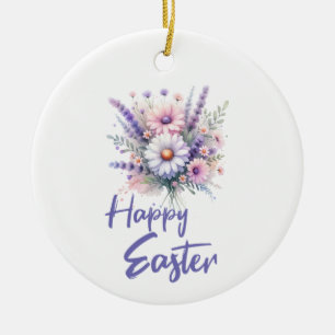 Happy Easter watercolor Spring Flower Bouquet  Ceramic Ornament