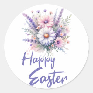 Happy Easter watercolor Spring Flower Bouquet  Classic Round Sticker