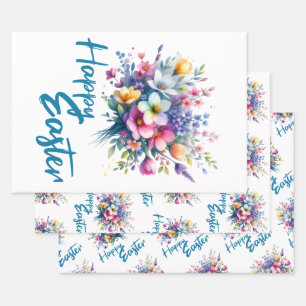 Happy Easter watercolor Spring Flower Bouquet Wrapping Paper Sheet