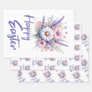 Happy Easter watercolor Spring Flower Bouquet Wrapping Paper Sheet