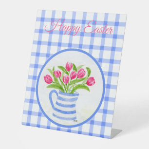 Happy Easter Watercolor Tulips Blue Chech Pedestal Sign