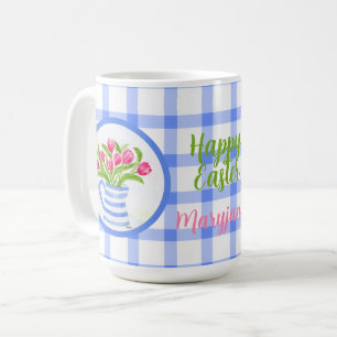 Happy Easter Watercolor Tulips Blue Check Coffee Mug