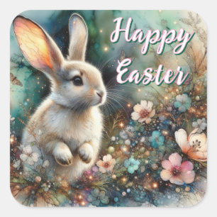 Happy Easter Watercolor Woodland Bunny Square Sticker
