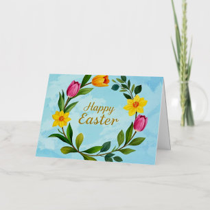 Happy Easter Watercolor wreath of tulips Foil Greeting Card