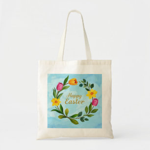 Happy Easter Watercolor wreath of tulips Tote Bag