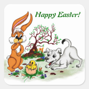 Happy Easter! Welpe, Küken, Hase Square Sticker