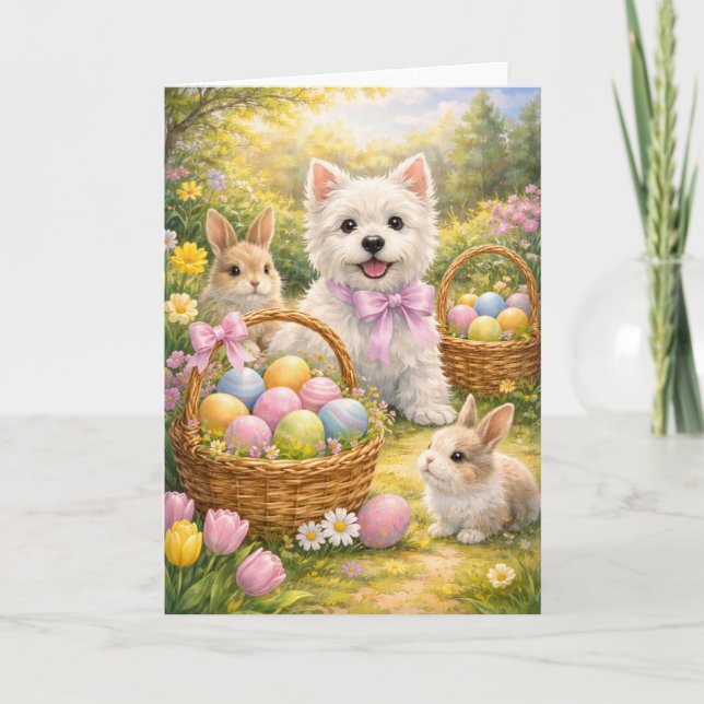 Happy Easter Westie & Bunnies Greeting Card (Front)