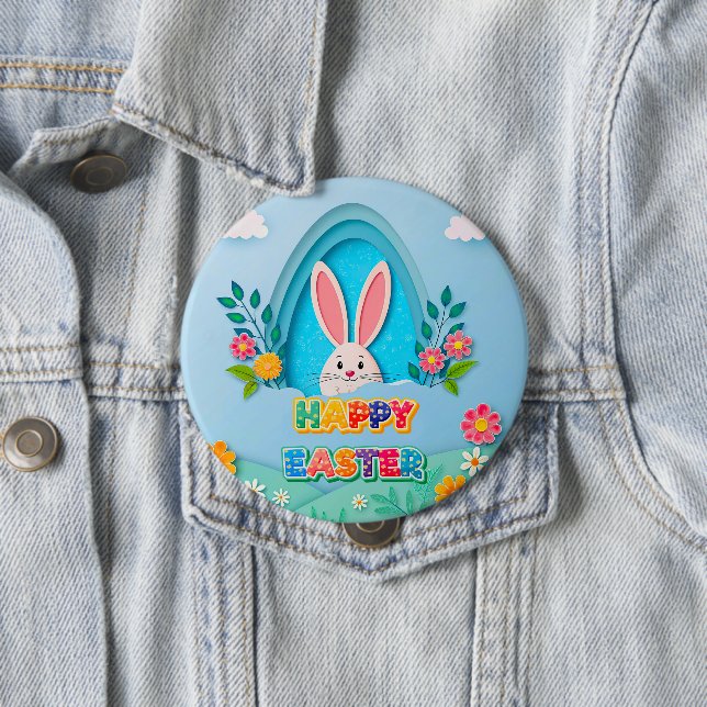 Happy Easter | Whimsical Easter Bunny and Floral 10 Cm Round Badge (In Situ)