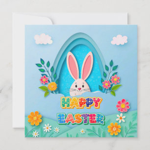 Happy Easter   Whimsical Easter Bunny and Floral Holiday Card