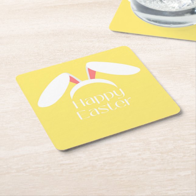 Happy Easter white bunny ears Square Paper Coaster (Angled)