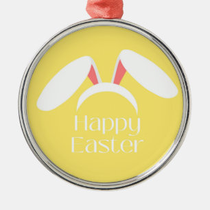 Happy Easter white bunny ears yellow Metal Ornament