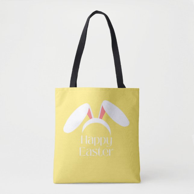 Happy Easter white bunny ears yellow Tote Bag (Front)