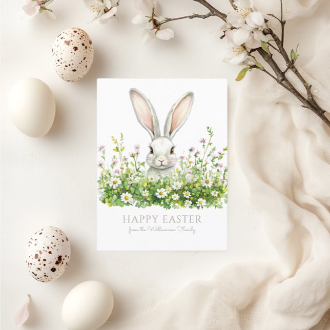 Happy Easter White Bunny Florals Personalised Holiday Postcard (See the collection for matching items)