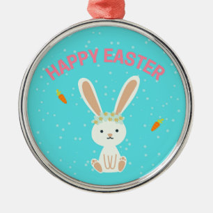 Happy Easter white bunny on blue Metal Ornament