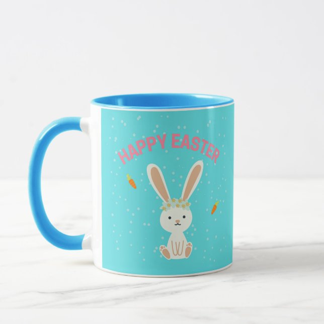 Happy Easter white bunny on blue Mug (Left)