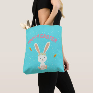 Happy Easter white bunny on blue Tote Bag
