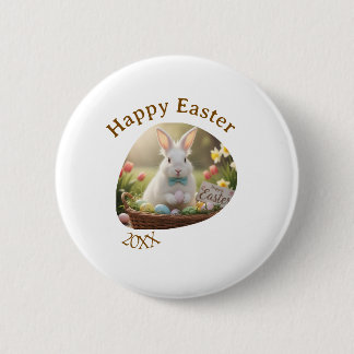 Happy Easter white bunny year photo family name  6 Cm Round Badge