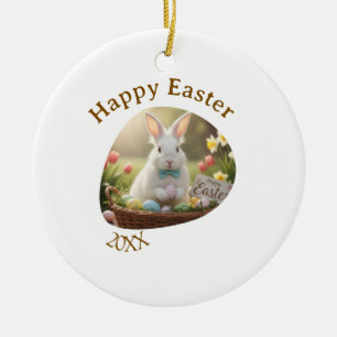 Happy Easter white bunny year photo family name Ceramic Ornament