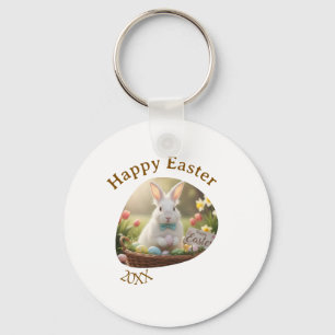 Happy Easter white bunny year photo family name Key Ring