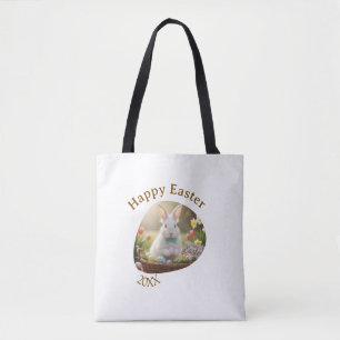 Happy Easter white bunny year photo family name Tote Bag