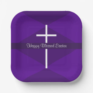 Happy Easter White Cross Purple Christian Paper Plate