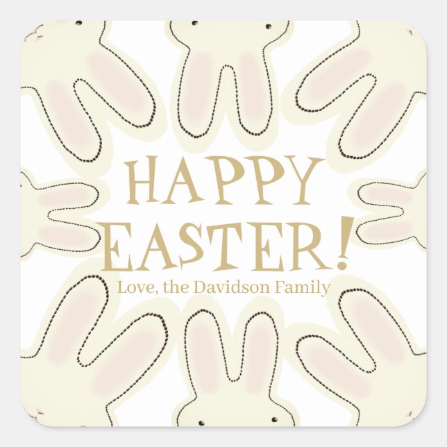 Happy Easter white gold custom text cute bunnies Square Sticker (Front)