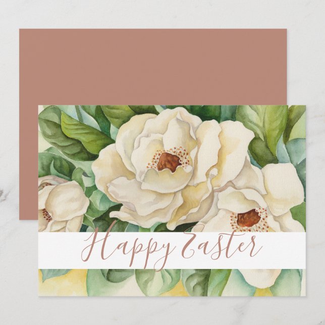 Happy Easter White Magnolia Rose Gold Text Floral Holiday Card (Front/Back)