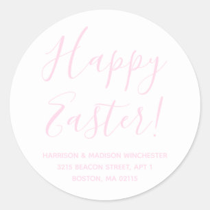 Happy Easter white pink script return address Classic Round Sticker